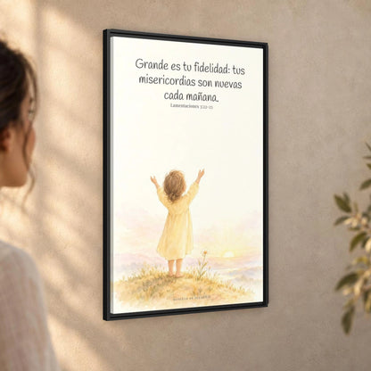 Grande es tu fidelidad, oh Dios — Lienzo Cristiano Enmarcado | Lamentaciones 3:22-23 — 24×36 pulgadas, marco negro, vista angular ambiental del marco flotante, escala física calibrada