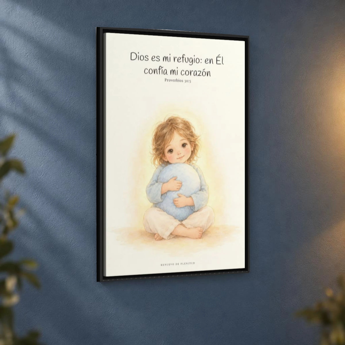 En Dios encuentro mi refugio | Cuadro bíblico para el hogar | Proverbios 30:5 — 24×36 pulgadas, marco negro, vista angular ambiental del marco flotante, escala física calibrada