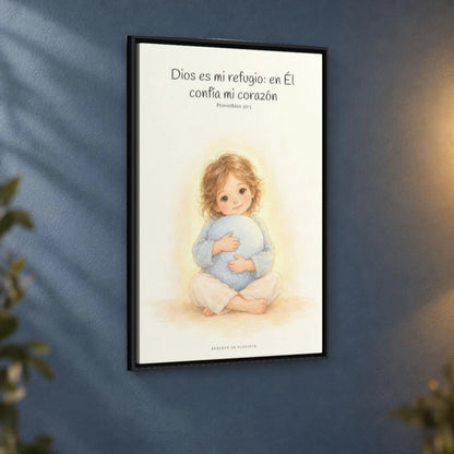 En Dios encuentro mi refugio | Cuadro bíblico para el hogar | Proverbios 30:5 — 24×36 pulgadas, marco negro, vista angular ambiental del marco flotante, escala física calibrada