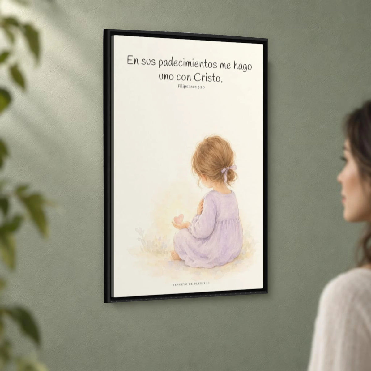 Participar de sus padecimientos me acerca a Él | Arte bíblico para pared | Filipenses 3:10 — 24×36 pulgadas, marco negro, vista angular ambiental del marco flotante, escala física calibrada