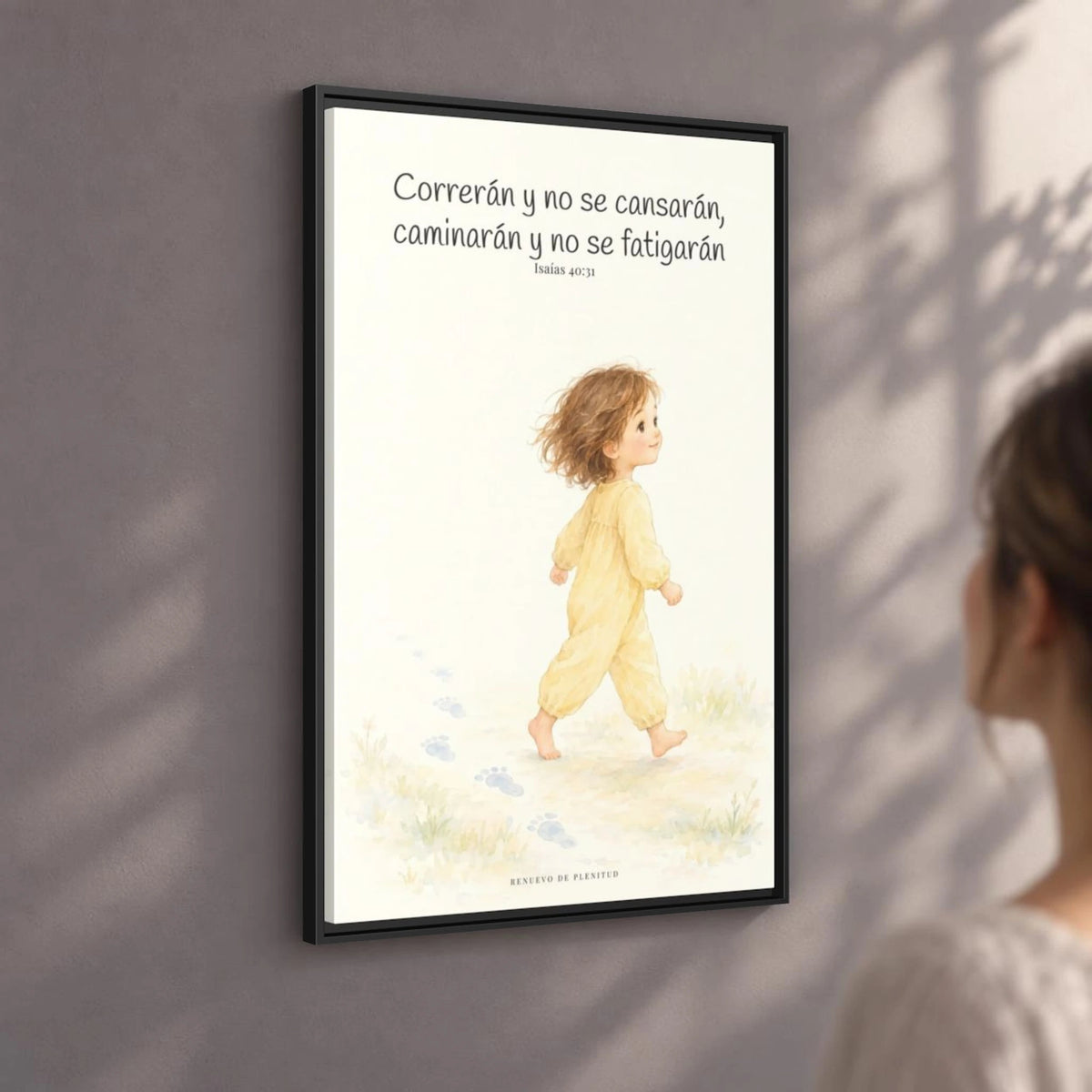 Correrán y no se cansarán — Lienzo Cristiano Enmarcado | Isaías 40:31 — 24×36 pulgadas, marco negro, vista angular ambiental del marco flotante, escala física calibrada