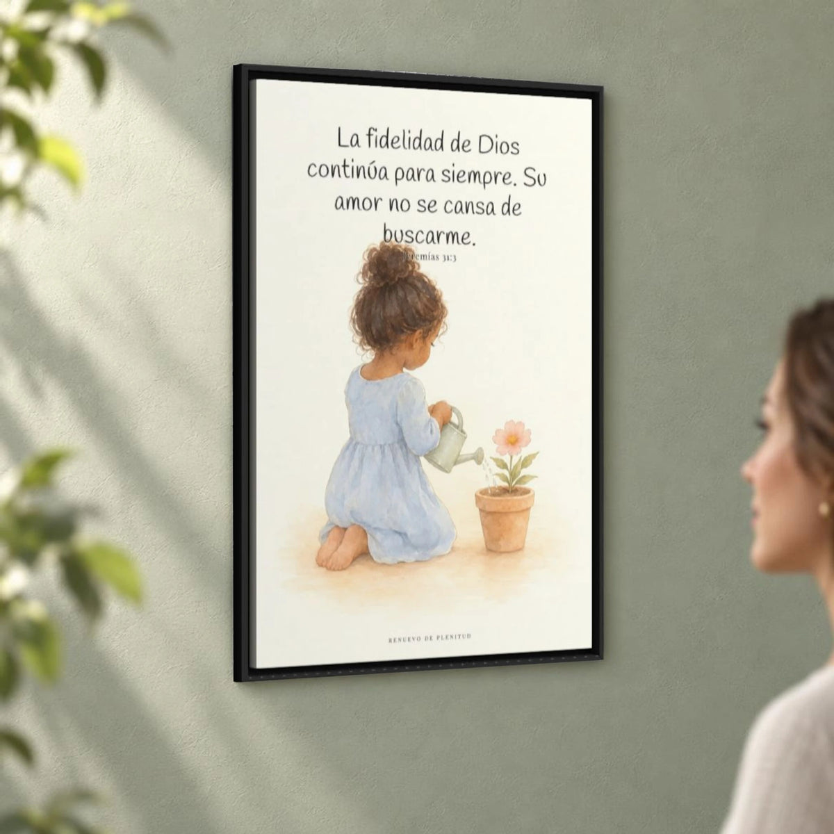 Tu fidelidad continúa para siempre | Cuadro de fe enmarcado | Jeremías 31:3 — 24×36 pulgadas, marco negro, vista angular ambiental del marco flotante, escala física calibrada