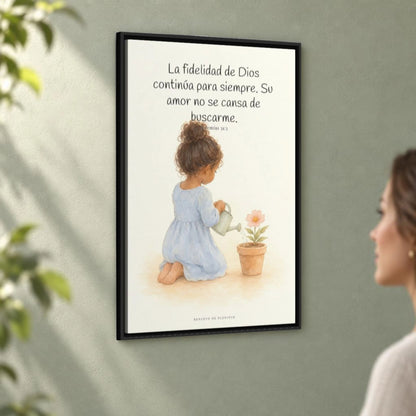 Tu fidelidad continúa para siempre | Cuadro de fe enmarcado | Jeremías 31:3 — 24×36 pulgadas, marco negro, vista angular ambiental del marco flotante, escala física calibrada