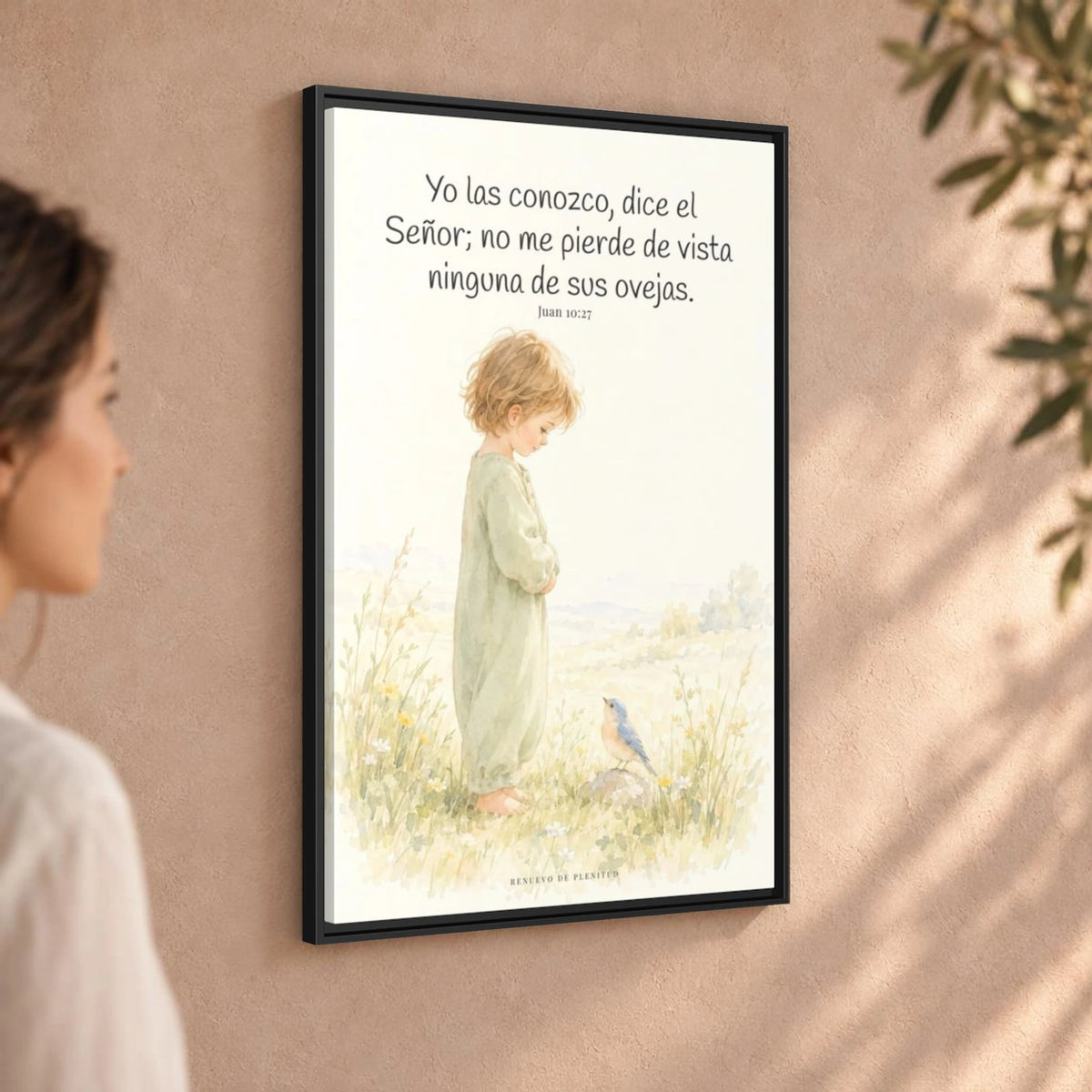 El Señor me conoce por mi nombre — Lienzo Cristiano Enmarcado | Juan 10:27 — 24×36 pulgadas, marco negro, vista angular ambiental del marco flotante, escala física calibrada