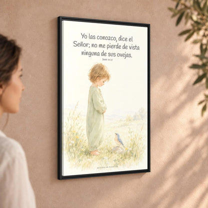 El Señor me conoce por mi nombre — Lienzo Cristiano Enmarcado | Juan 10:27 — 24×36 pulgadas, marco negro, vista angular ambiental del marco flotante, escala física calibrada