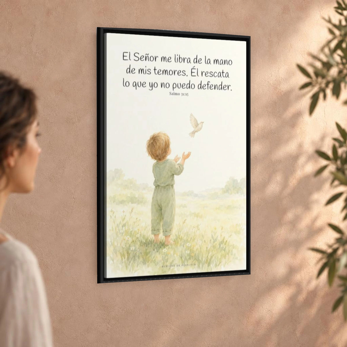 El Señor me libra de la mano de mis temores | Lienzo bíblico para el hogar | Salmo 31:15 — 24×36 pulgadas, marco negro, vista angular ambiental del marco flotante, escala física calibrada