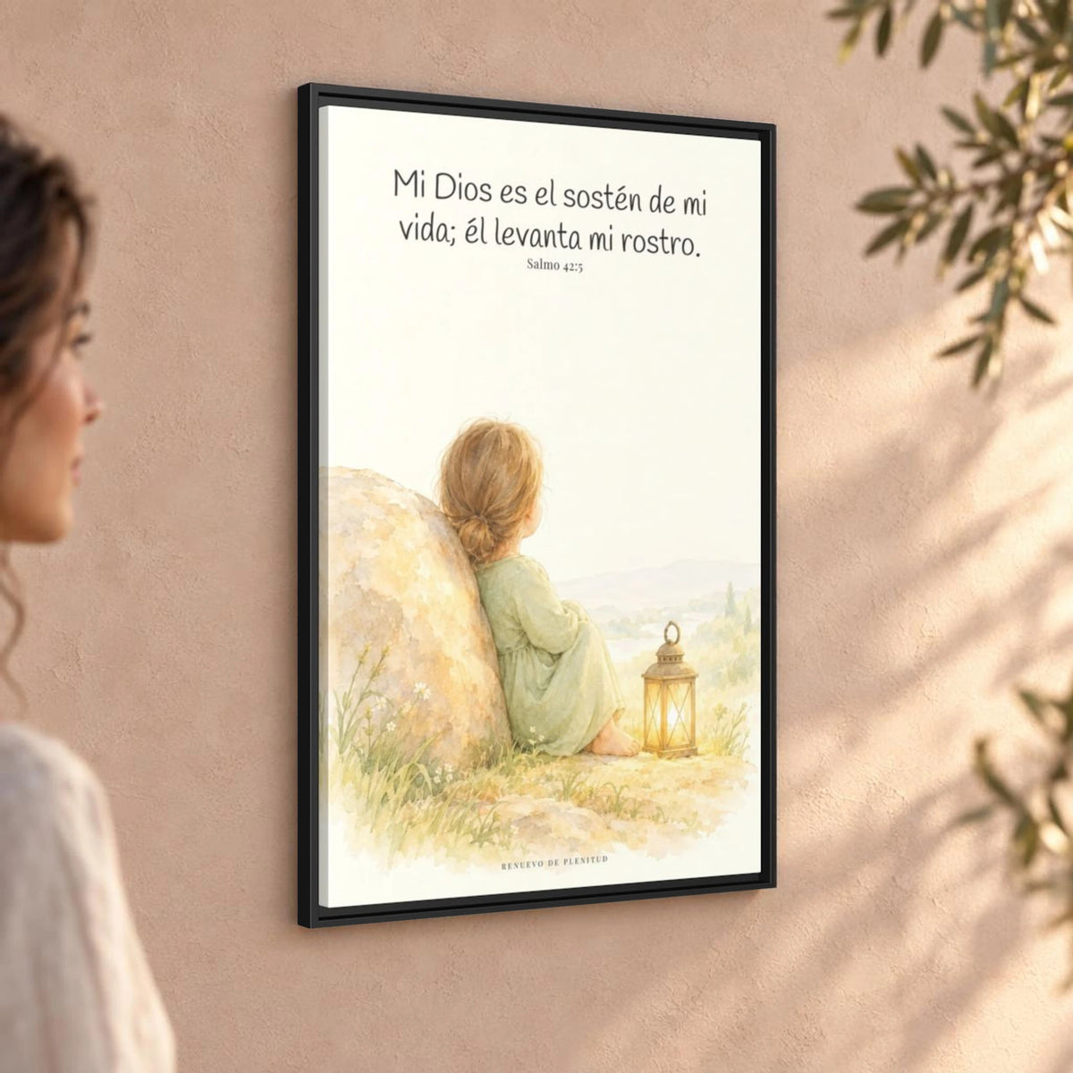 Dios es el sostén de mi vida — Lienzo Cristiano Enmarcado | Salmo 42:5 — 24×36 pulgadas, marco negro, vista angular ambiental del marco flotante, escala física calibrada