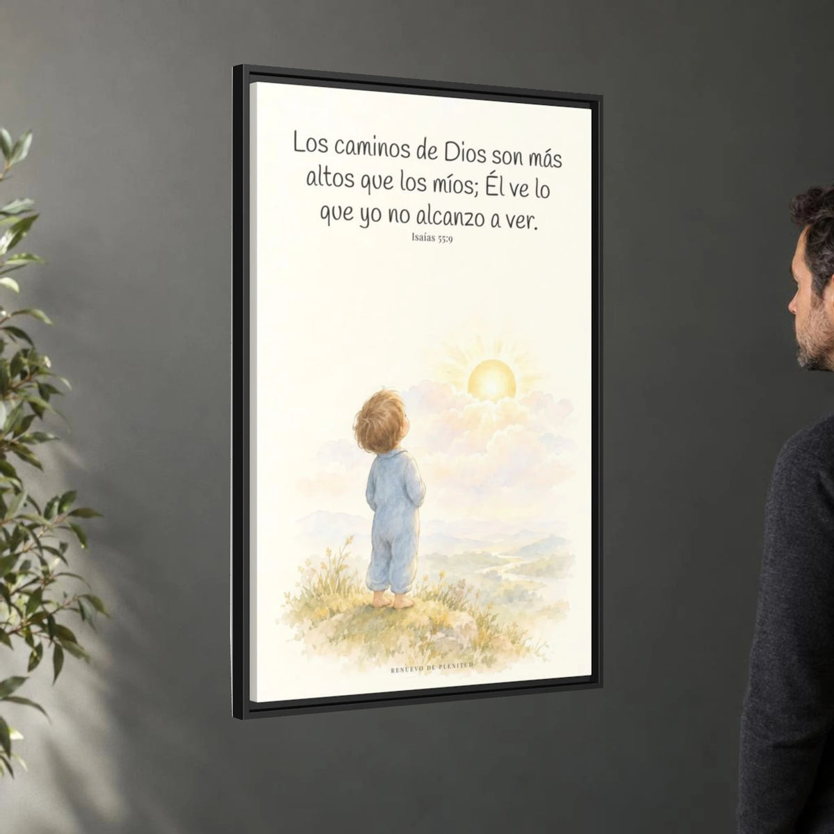 Los pensamientos de Dios son más altos que los míos — Lienzo Cristiano Enmarcado | Isaías 55:9 — 24×36 pulgadas, marco negro, vista angular ambiental del marco flotante, escala física calibrada