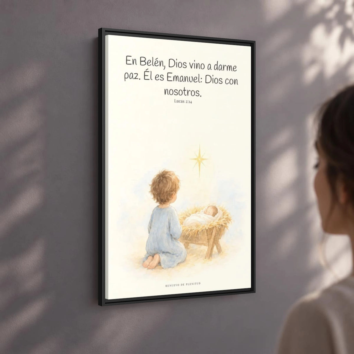 En Belén, Dios vino a darme paz — Lienzo Cristiano Enmarcado | Lucas 2:14 — 24×36 pulgadas, marco negro, vista angular ambiental del marco flotante, escala física calibrada