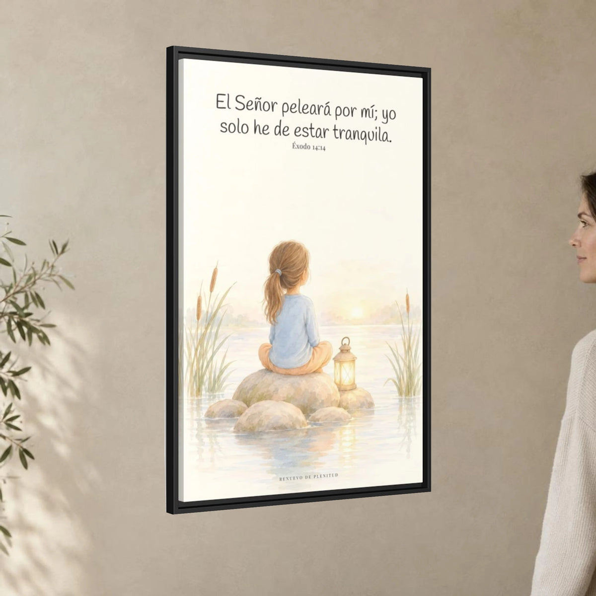 Jehová peleará por mí — Lienzo Cristiano Enmarcado | Éxodo 14:14 — 24×36 pulgadas, marco negro, vista angular ambiental del marco flotante, escala física calibrada