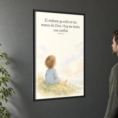 El mañana ya está en las manos de Dios — Lienzo Cristiano Enmarcado | Mateo 6:34 — 24×36 pulgadas, marco negro, vista angular ambiental del marco flotante, escala física calibrada