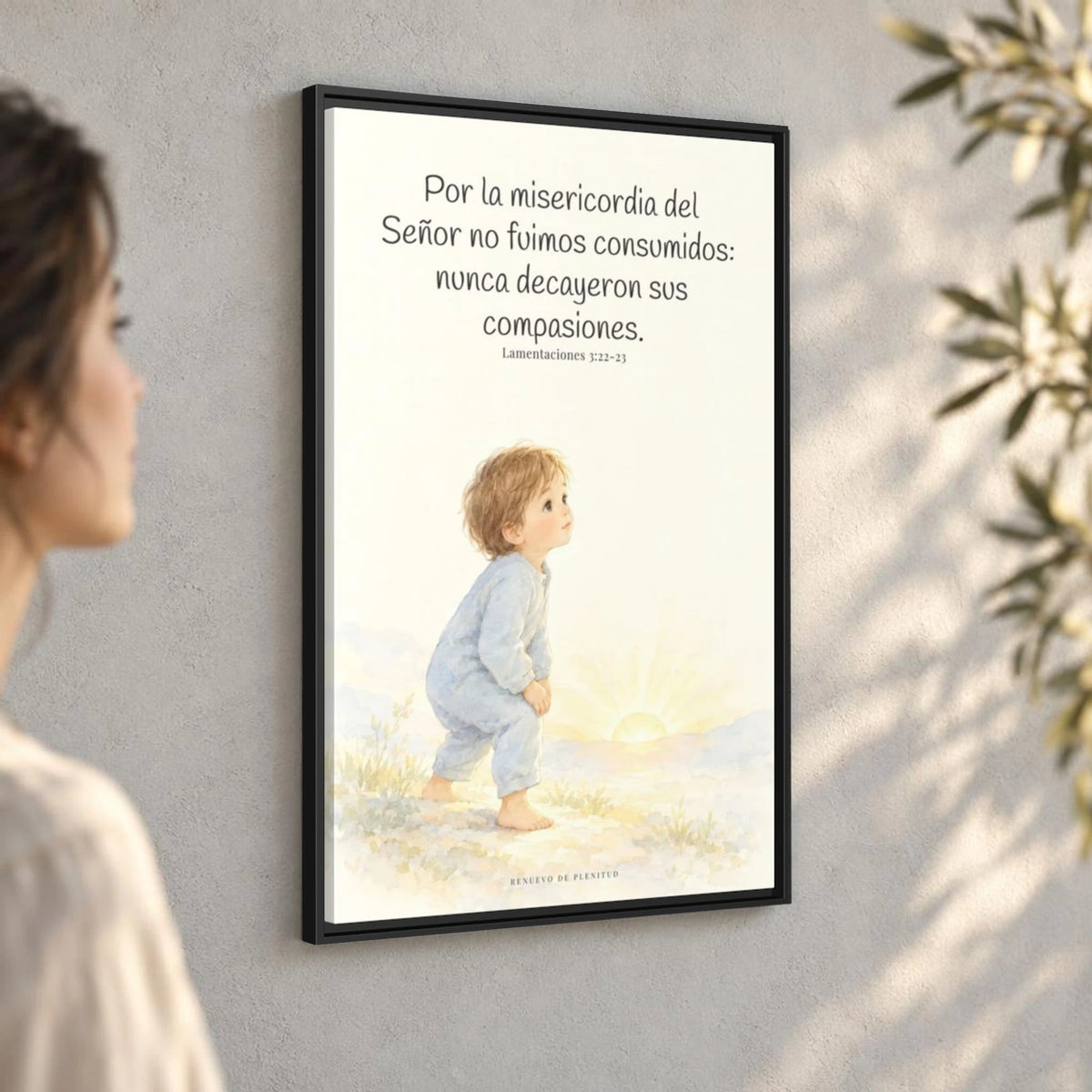 Por la misericordia de Jehová no fuimos consumidos — Lienzo Cristiano Enmarcado | Lamentaciones 3:22-23 — 24×36 pulgadas, marco negro, vista angular ambiental del marco flotante, escala física calibrada