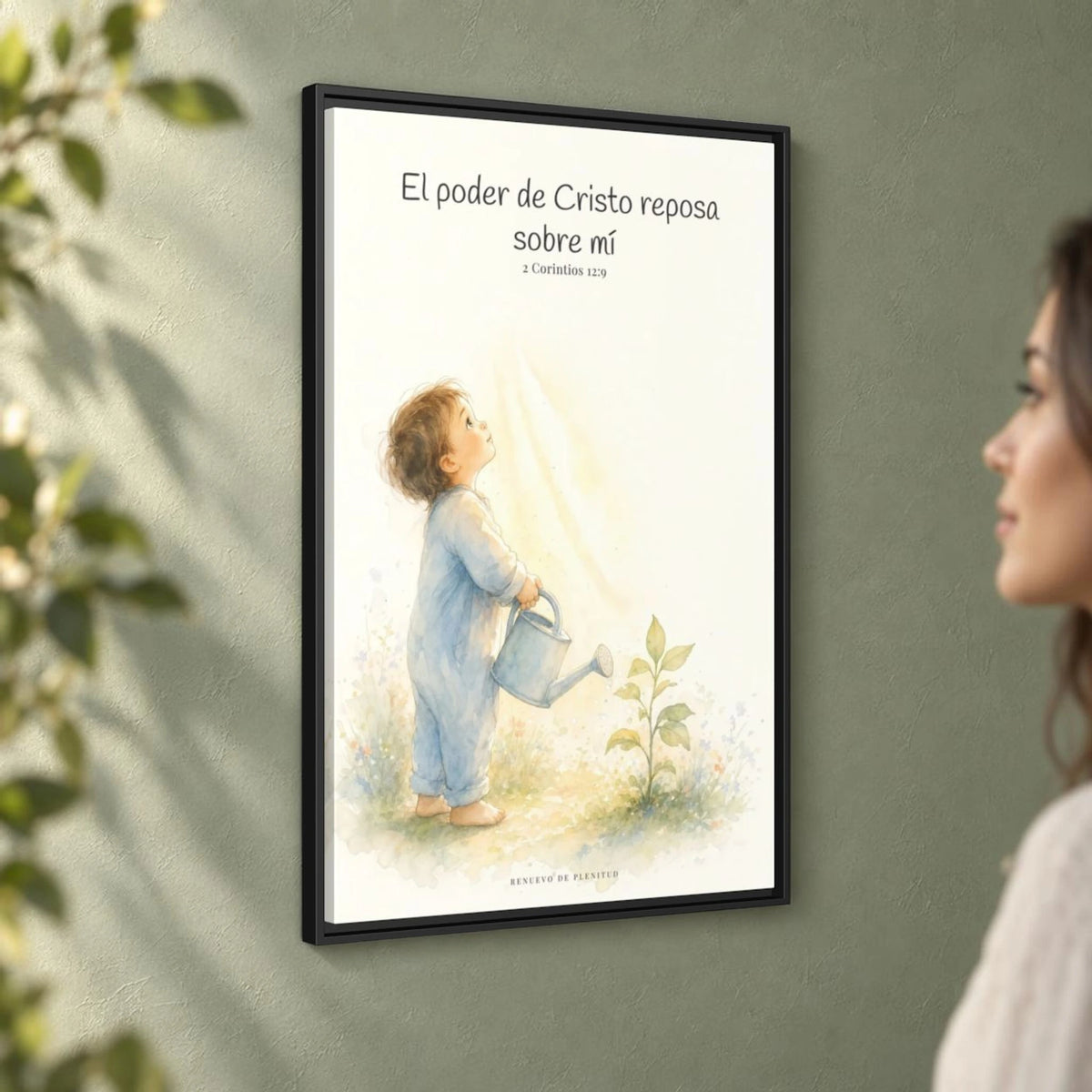 Su poder descansa sobre mí — Lienzo Cristiano Enmarcado | 2 Corintios 12:9 — 24×36 pulgadas, marco negro, vista angular ambiental del marco flotante, escala física calibrada