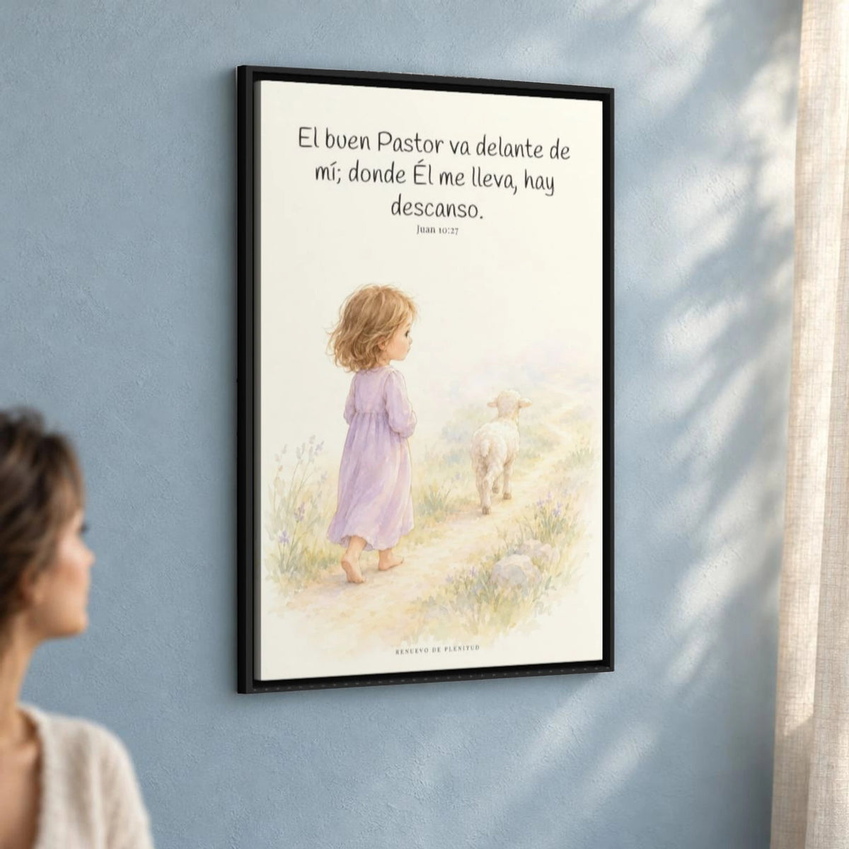 El buen Pastor va delante de mí | Decoración de fe para pared | Juan 10:27 — 24×36 pulgadas, marco negro, vista angular ambiental del marco flotante, escala física calibrada