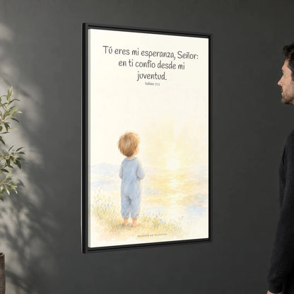 Tú eres mi esperanza, Señor — Lienzo Cristiano Enmarcado | Salmo 71:5 — 24×36 pulgadas, marco negro, vista angular ambiental del marco flotante, escala física calibrada