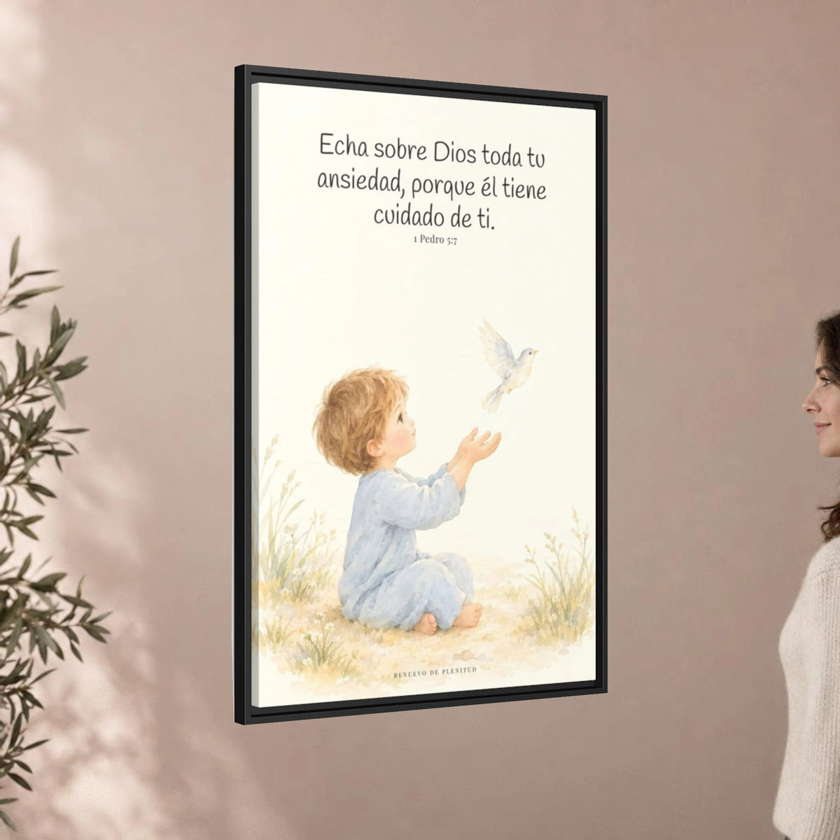 Echa Toda Tu Ansiedad Sobre Dios — Lienzo Cristiano Enmarcado | 1 Pedro 5:7 — 24×36 pulgadas, marco negro, vista angular ambiental del marco flotante, escala física calibrada