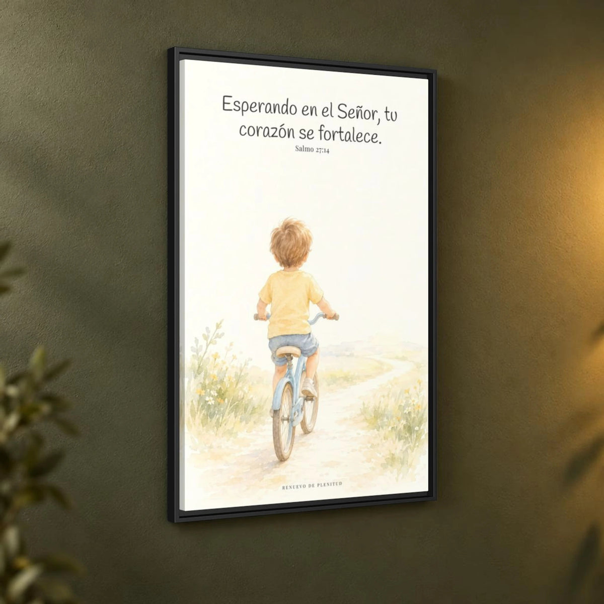 Jehová fortalece tu corazón — Lienzo Cristiano Enmarcado | Salmo 27:14 — 24×36 pulgadas, marco negro, vista angular ambiental del marco flotante, escala física calibrada