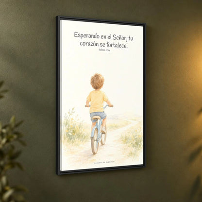 Jehová fortalece tu corazón — Lienzo Cristiano Enmarcado | Salmo 27:14 — 24×36 pulgadas, marco negro, vista angular ambiental del marco flotante, escala física calibrada