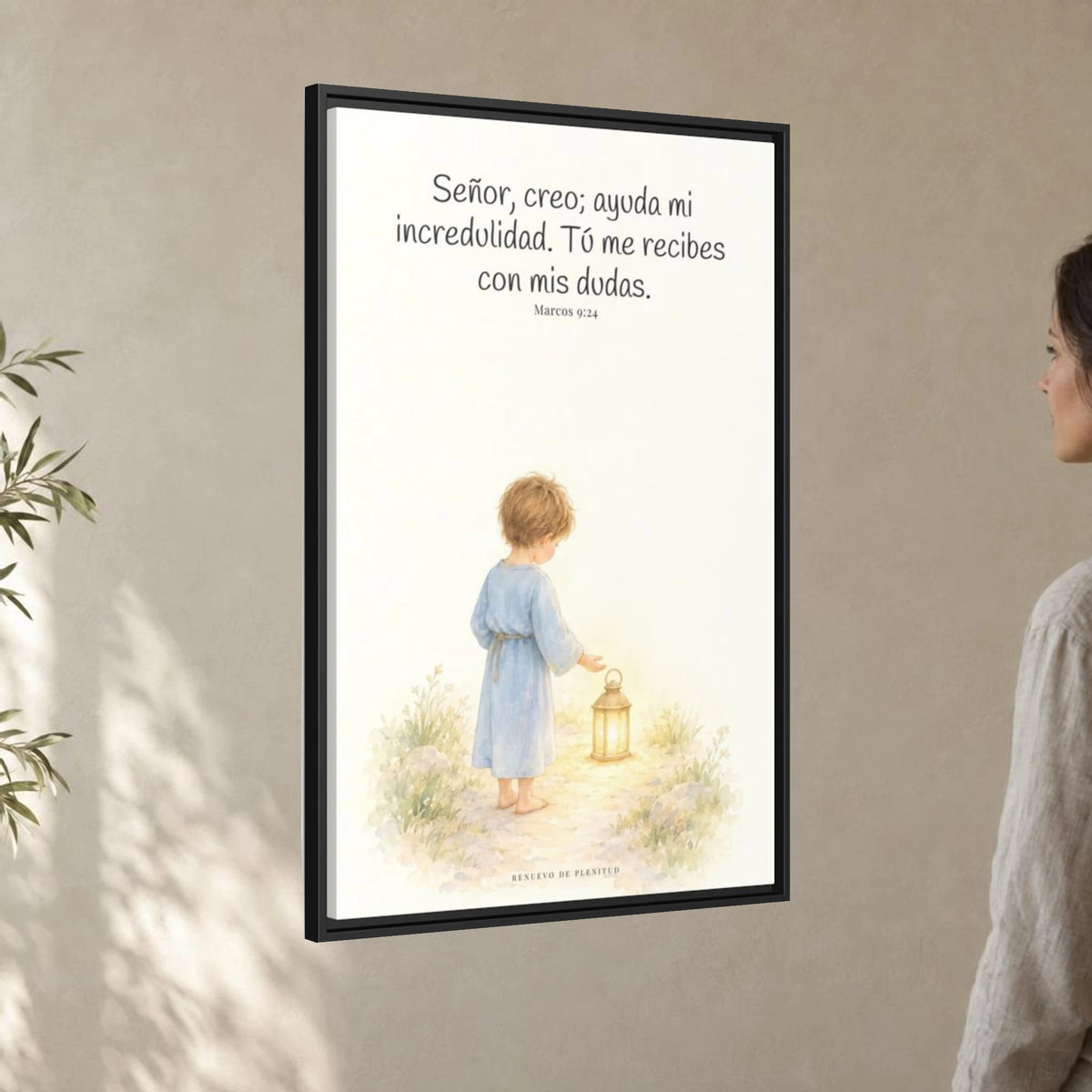 Señor, creo; ayuda mi incredulidad — Lienzo Cristiano Enmarcado | Marcos 9:24 — 24×36 pulgadas, marco negro, vista angular ambiental del marco flotante, escala física calibrada