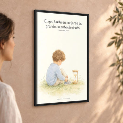 El que es lento para la ira es grande en entendimiento — Lienzo Cristiano Enmarcado | Proverbios 14:29 — 24×36 pulgadas, marco negro, vista angular ambiental del marco flotante, escala física calibrada