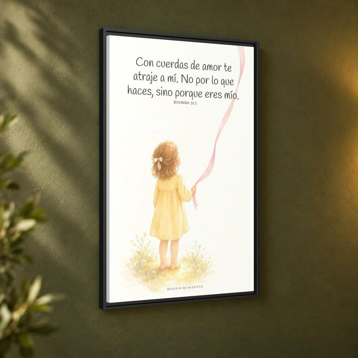 Con cuerdas de amor te atraje a mí — Lienzo Cristiano Enmarcado | Jeremías 31:3 — 24×36 pulgadas, marco negro, vista angular ambiental del marco flotante, escala física calibrada