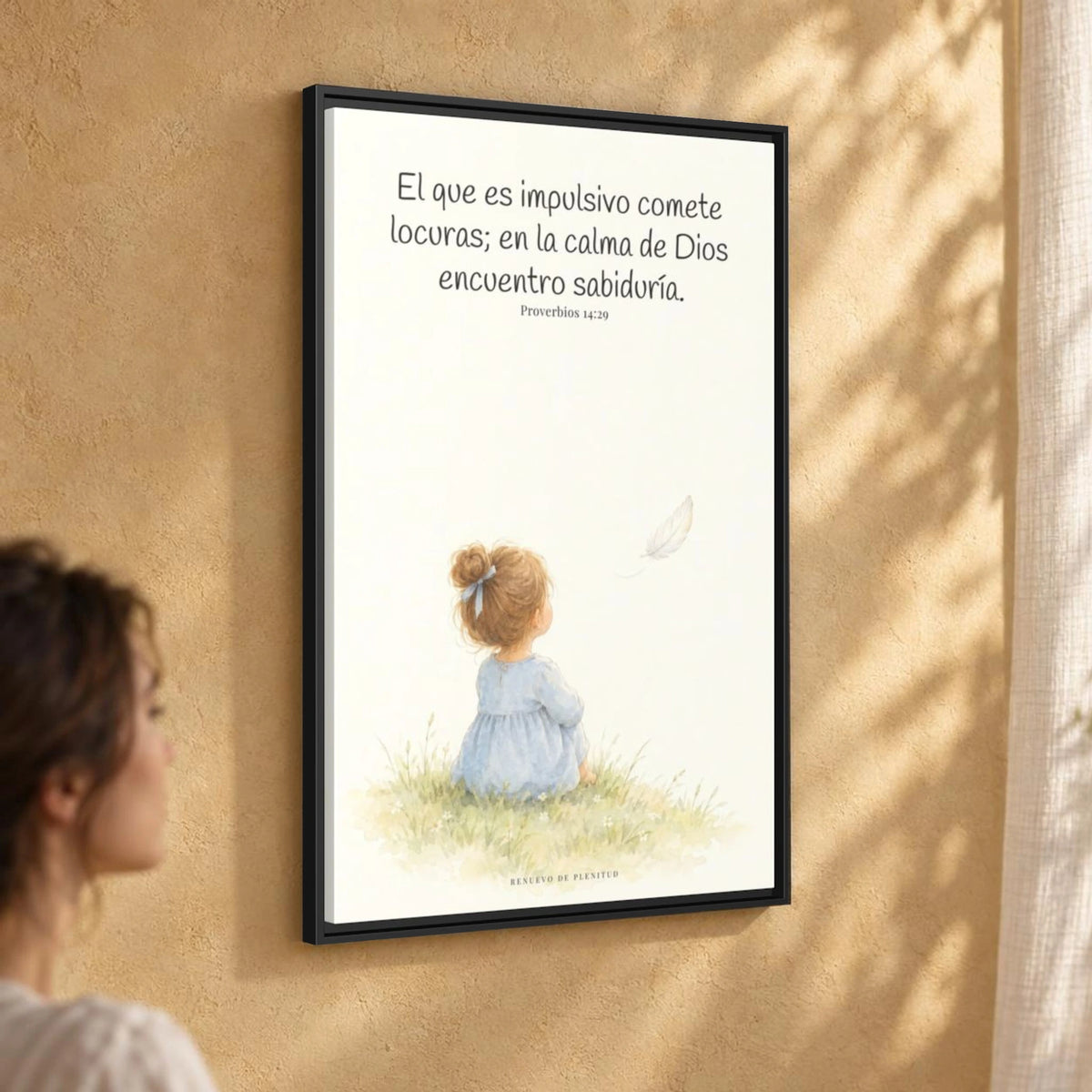 La prisa del corazón no agrada a Dios | Decoración cristiana enmarcada | Proverbios 14:29 — 24×36 pulgadas, marco negro, vista angular ambiental del marco flotante, escala física calibrada