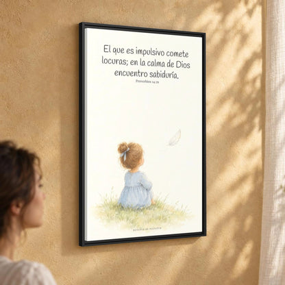 La prisa del corazón no agrada a Dios | Decoración cristiana enmarcada | Proverbios 14:29 — 24×36 pulgadas, marco negro, vista angular ambiental del marco flotante, escala física calibrada