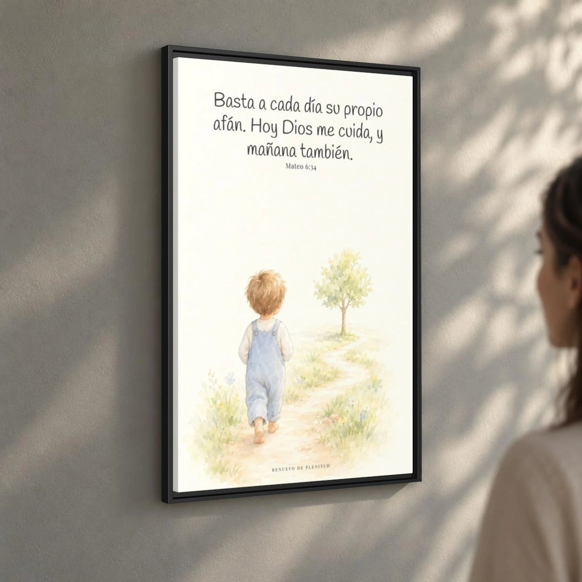 Basta a cada día su propio afán — Lienzo Cristiano Enmarcado | Mateo 6:34 — 24×36 pulgadas, marco negro, vista angular ambiental del marco flotante, escala física calibrada