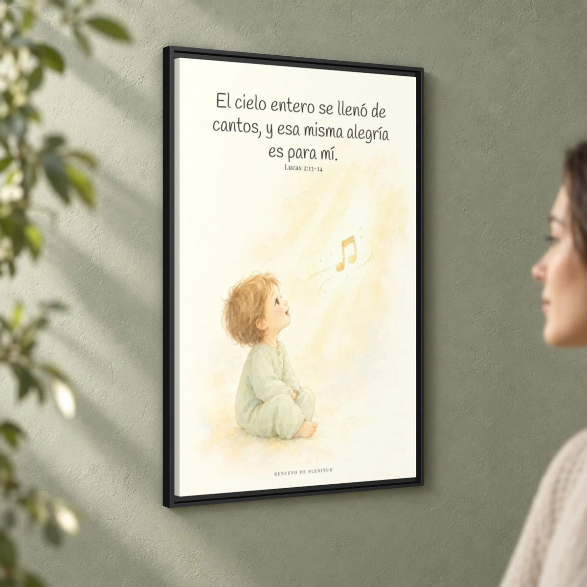El ejército del cielo canta mi alegría — Lienzo Cristiano Enmarcado | Lucas 2:13-14 — 24×36 pulgadas, marco negro, vista angular ambiental del marco flotante, escala física calibrada
