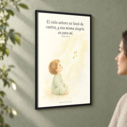 El ejército del cielo canta mi alegría — Lienzo Cristiano Enmarcado | Lucas 2:13-14 — 24×36 pulgadas, marco negro, vista angular ambiental del marco flotante, escala física calibrada