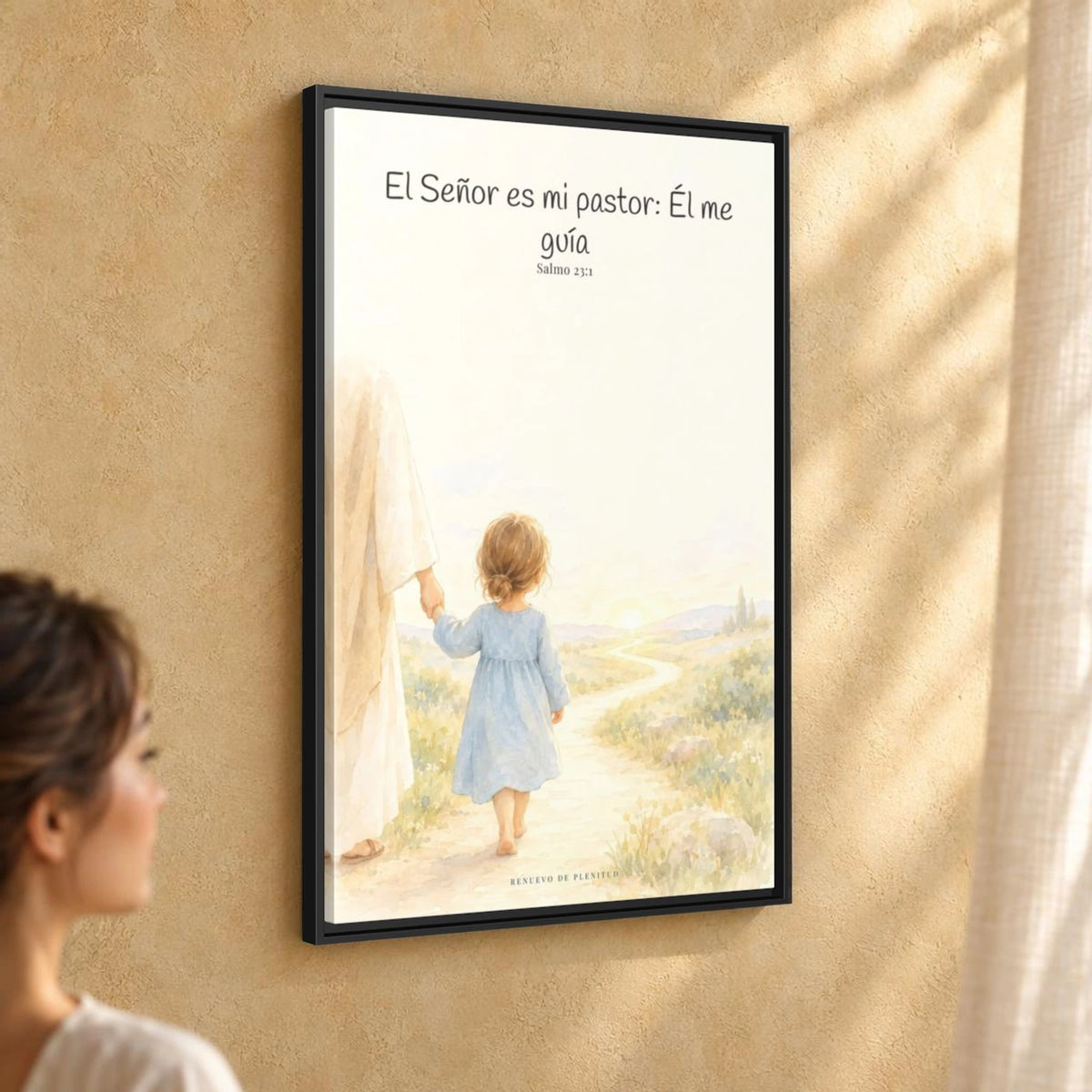 El Señor es mi pastor; Él me guía — Lienzo Cristiano Enmarcado | Salmo 23:1 — 24×36 pulgadas, marco negro, vista angular ambiental del marco flotante, escala física calibrada