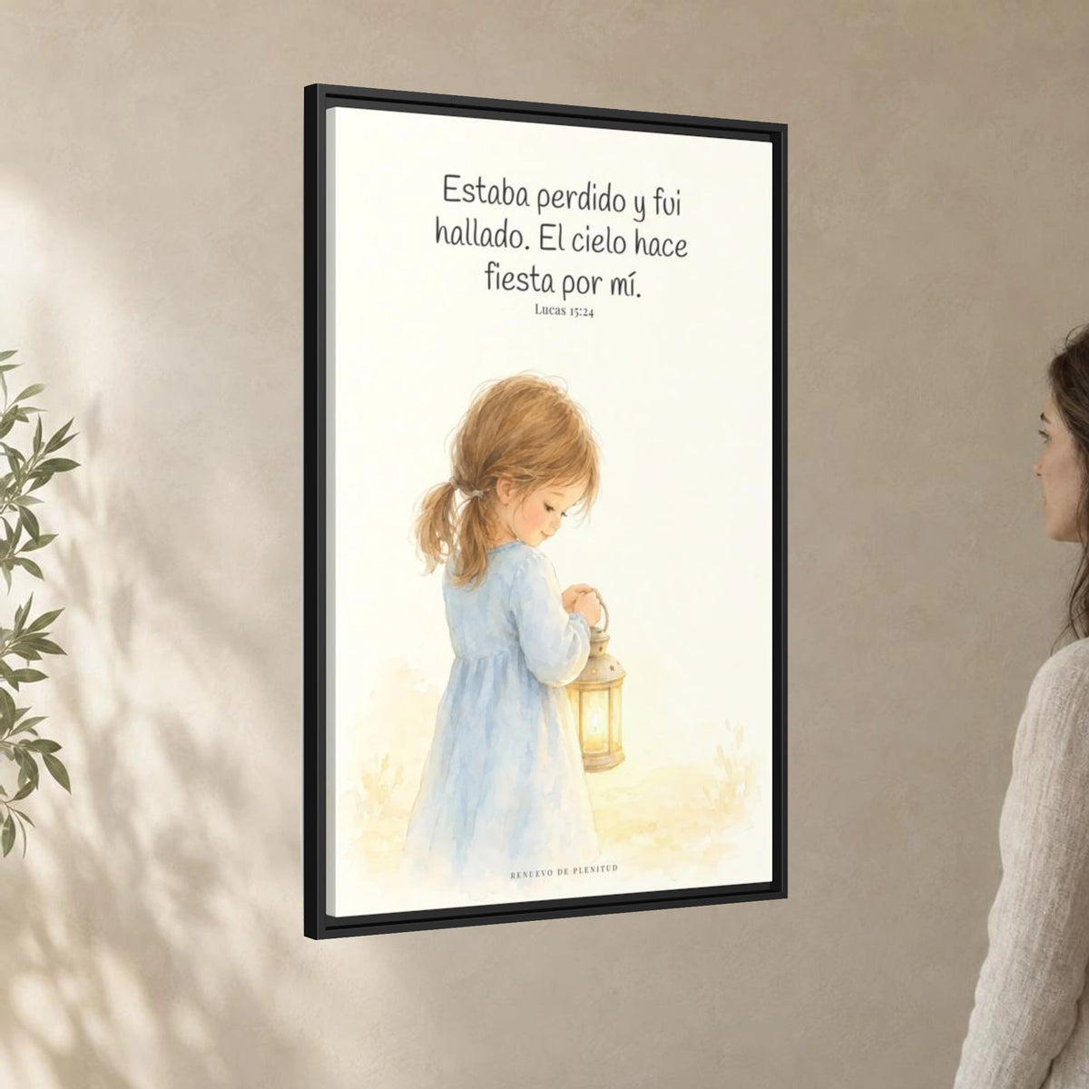 Este mi hijo perdido ha sido hallado — Lienzo Cristiano Enmarcado | Lucas 15:24 — 24×36 pulgadas, marco negro, vista angular ambiental del marco flotante, escala física calibrada