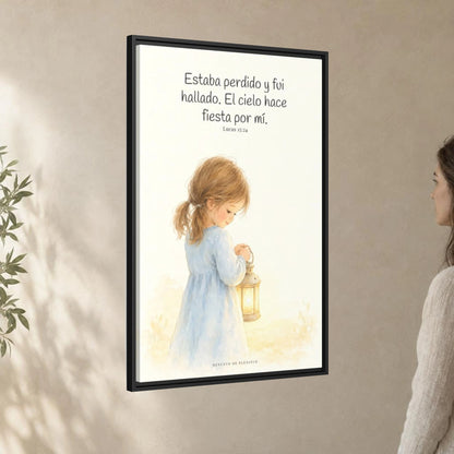 Este mi hijo perdido ha sido hallado — Lienzo Cristiano Enmarcado | Lucas 15:24 — 24×36 pulgadas, marco negro, vista angular ambiental del marco flotante, escala física calibrada
