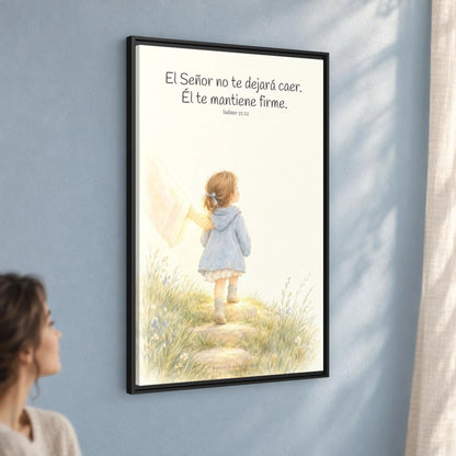 El Señor no te dejará caer — Lienzo Cristiano Enmarcado | Salmo 55:22 — 24×36 pulgadas, marco negro, vista angular ambiental del marco flotante, escala física calibrada
