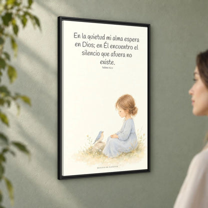 En la quietud, mi alma espera en Dios | Arte de fe en lienzo | Salmo 62:1 — 24×36 pulgadas, marco negro, vista angular ambiental del marco flotante, escala física calibrada