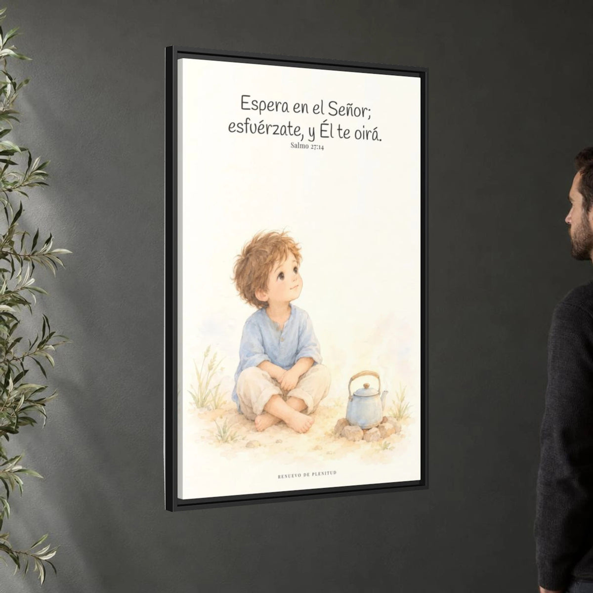 Espera en Jehová, Él te oye — Lienzo Cristiano Enmarcado | Salmo 27:14 — 24×36 pulgadas, marco negro, vista angular ambiental del marco flotante, escala física calibrada