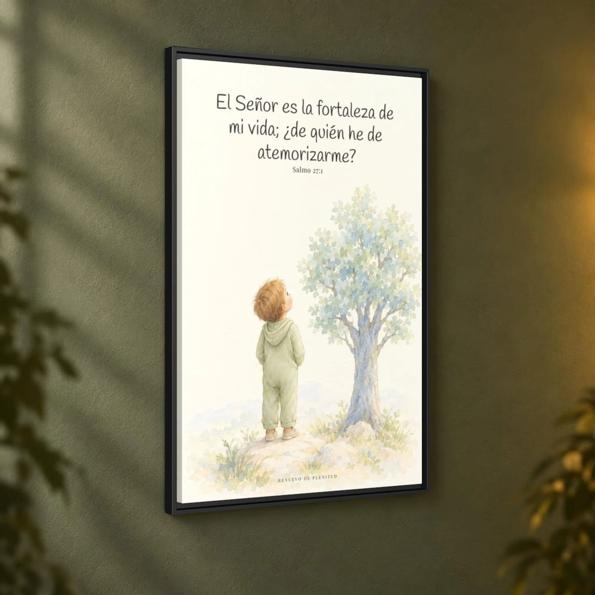 El Señor es la fortaleza de mi vida — Lienzo Cristiano Enmarcado | Salmo 27:1 — 24×36 pulgadas, marco negro, vista angular ambiental del marco flotante, escala física calibrada