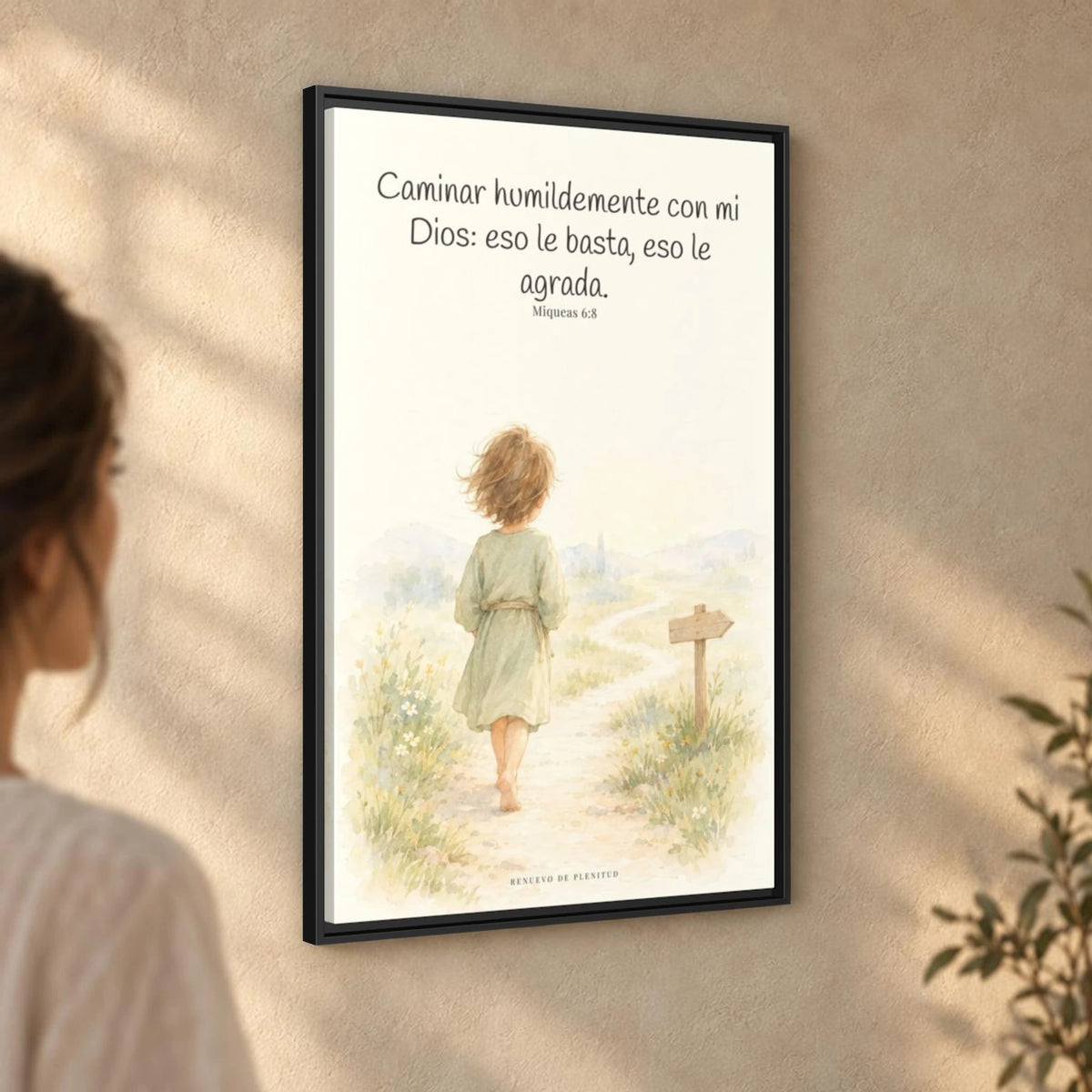 Caminar con Dios es suficiente — Lienzo Cristiano Enmarcado | Miqueas 6:8 — 24×36 pulgadas, marco negro, vista angular ambiental del marco flotante, escala física calibrada