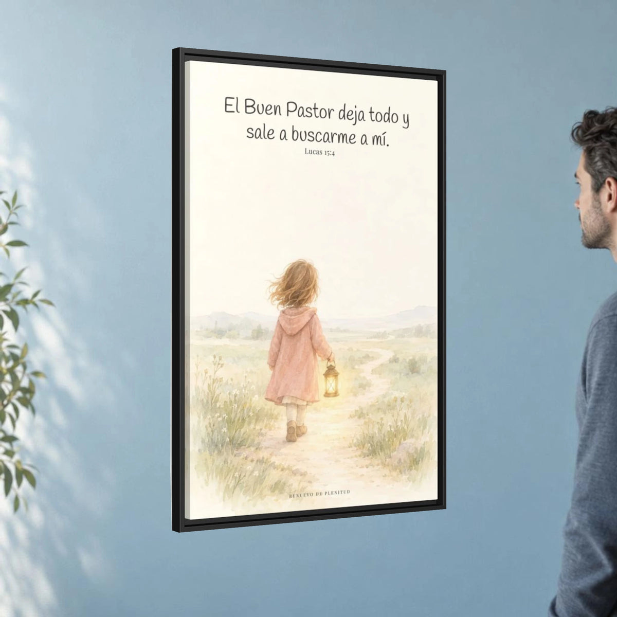 El Buen Pastor me busca a mí — Lienzo Cristiano Enmarcado | Lucas 15:4 — 24×36 pulgadas, marco negro, vista angular ambiental del marco flotante, escala física calibrada