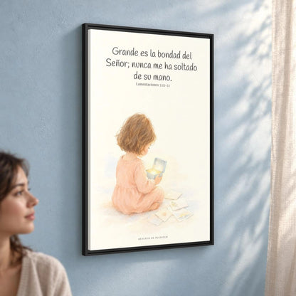 Grande es la bondad del Señor conmigo — Lienzo Cristiano Enmarcado | Lamentaciones 3:22-23 — 24×36 pulgadas, marco negro, vista angular ambiental del marco flotante, escala física calibrada