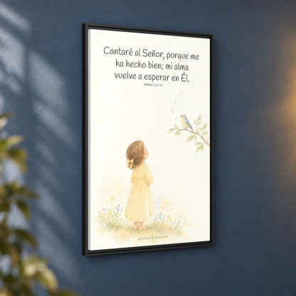 Cantaré a Jehová porque me ha hecho bien — Lienzo Cristiano Enmarcado | Salmo 13:5-6 — 24×36 pulgadas, marco negro, vista angular ambiental del marco flotante, escala física calibrada
