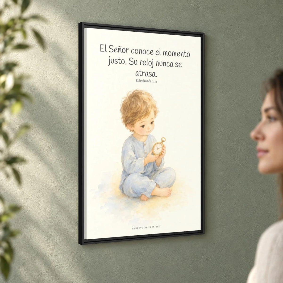 El Señor conoce el momento justo — Lienzo Cristiano Enmarcado | Eclesiastés 3:11 — 24×36 pulgadas, marco negro, vista angular ambiental del marco flotante, escala física calibrada
