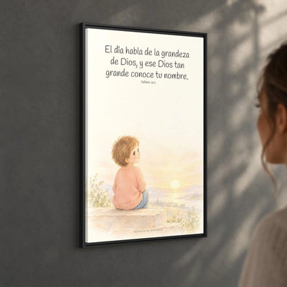 El día habla de la grandeza de Dios | Lienzo cristiano decorativo | Salmo 19:1 — 24×36 pulgadas, marco negro, vista angular ambiental del marco flotante, escala física calibrada