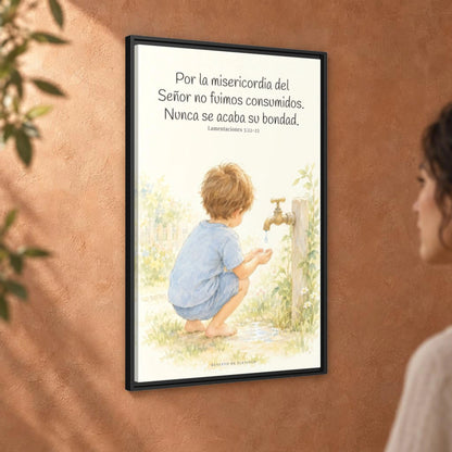 Nunca se acaba la misericordia de Dios — Lienzo Cristiano Enmarcado | Lamentaciones 3:22-23 — 24×36 pulgadas, marco negro, vista angular ambiental del marco flotante, escala física calibrada
