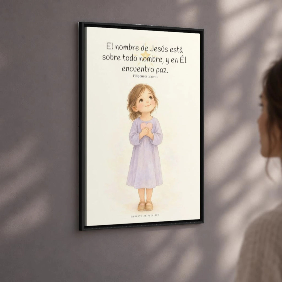El nombre de Jesús está sobre todo nombre | Lienzo de fe para el hogar | Filipenses 2:10-11 — 24×36 pulgadas, marco negro, vista angular ambiental del marco flotante, escala física calibrada