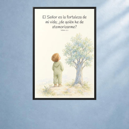 El Señor es la fortaleza de mi vida — Lienzo Cristiano Enmarcado | Salmo 27:1 — 24×36 pulgadas, marco negro, vista frontal ambiental, escala física calibrada