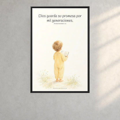 Dios guarda su pacto por mil generaciones — Lienzo Cristiano Enmarcado | Deuteronomio 7:9 — 24×36 pulgadas, marco negro, vista frontal ambiental, escala física calibrada