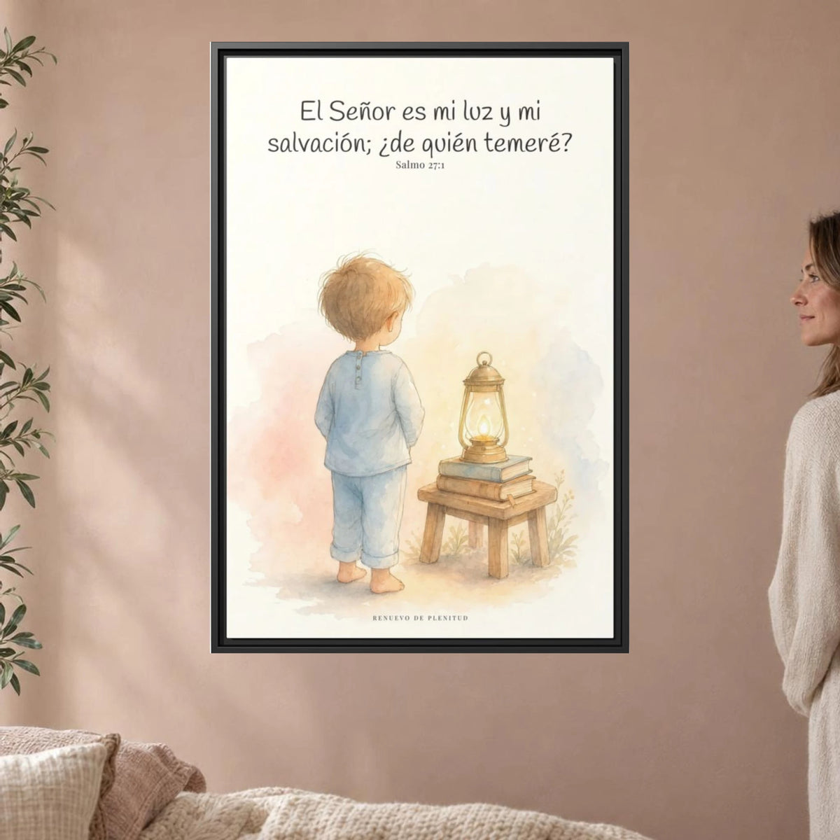 Jehová es mi luz y mi salvación — Lienzo Cristiano Enmarcado | Salmo 27:1 — 24×36 pulgadas, marco negro, vista frontal ambiental, escala física calibrada