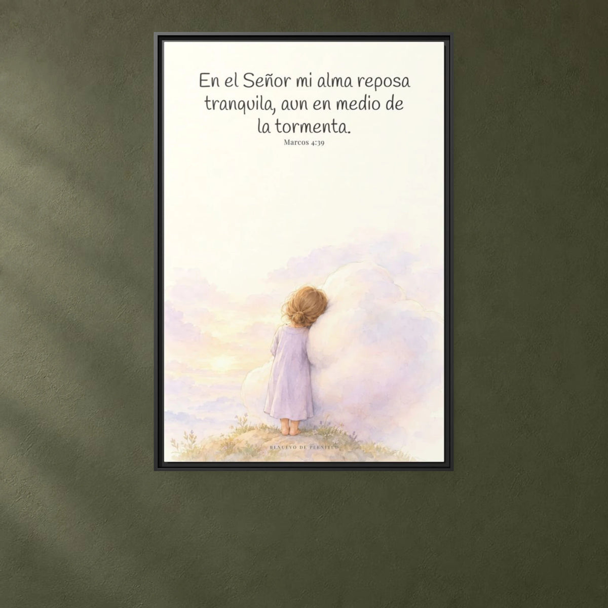 En el Señor mi alma reposa tranquila | Lienzo de fe para el hogar | Marcos 4:39 — 24×36 pulgadas, marco negro, vista frontal ambiental, escala física calibrada