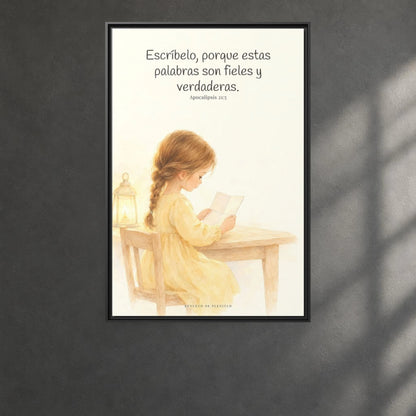Estas palabras son fieles y verdaderas — Lienzo Cristiano Enmarcado | Apocalipsis 21:5 — 24×36 pulgadas, marco negro, vista frontal ambiental, escala física calibrada